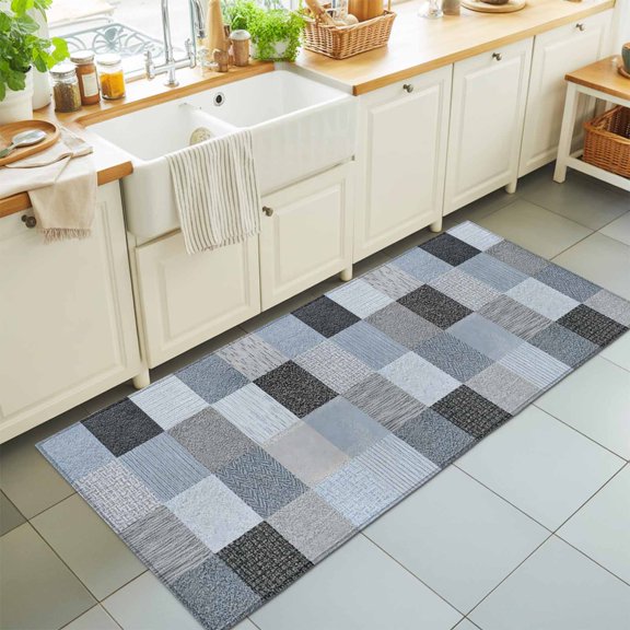 Khaki Grey Woven Washable Runner Rugs 2'x6', Industrial Patchwork Linen Texture Washable Runner Rug Non-Slip Sturdy Edge Binding Carpet for Bedside Hallway Runner Kitchen Galley