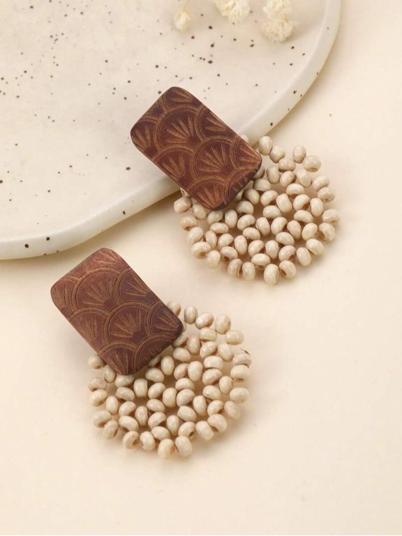 Khaki Handmade Wooden Carved Geometric Beaded Stud Earrings