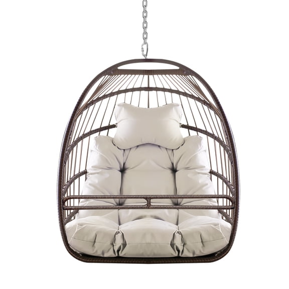Khaki Hanging Egg Swing Chair, Indoor Outdoor Wicker Hammock Chair, 350lbs Weight Capacity