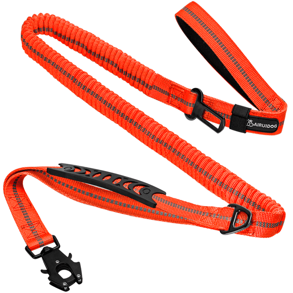 Orange Tactical Dog Leash Heavy Duty, 4-6FT Shock Absorbing Bungee Lead with 2 Padded Handle, Metal Carabiner Clip, Car Seatbelt, Strong No Pull Leash for Medium Large X-Large Dogs