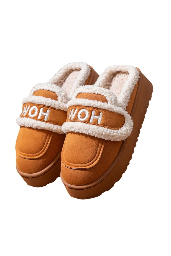 Khaki How Women'S Soft Sole Slippers Winter Letter Print Thick Bottom Height Increasing Anti-Slip Indoor Outdoor Home
