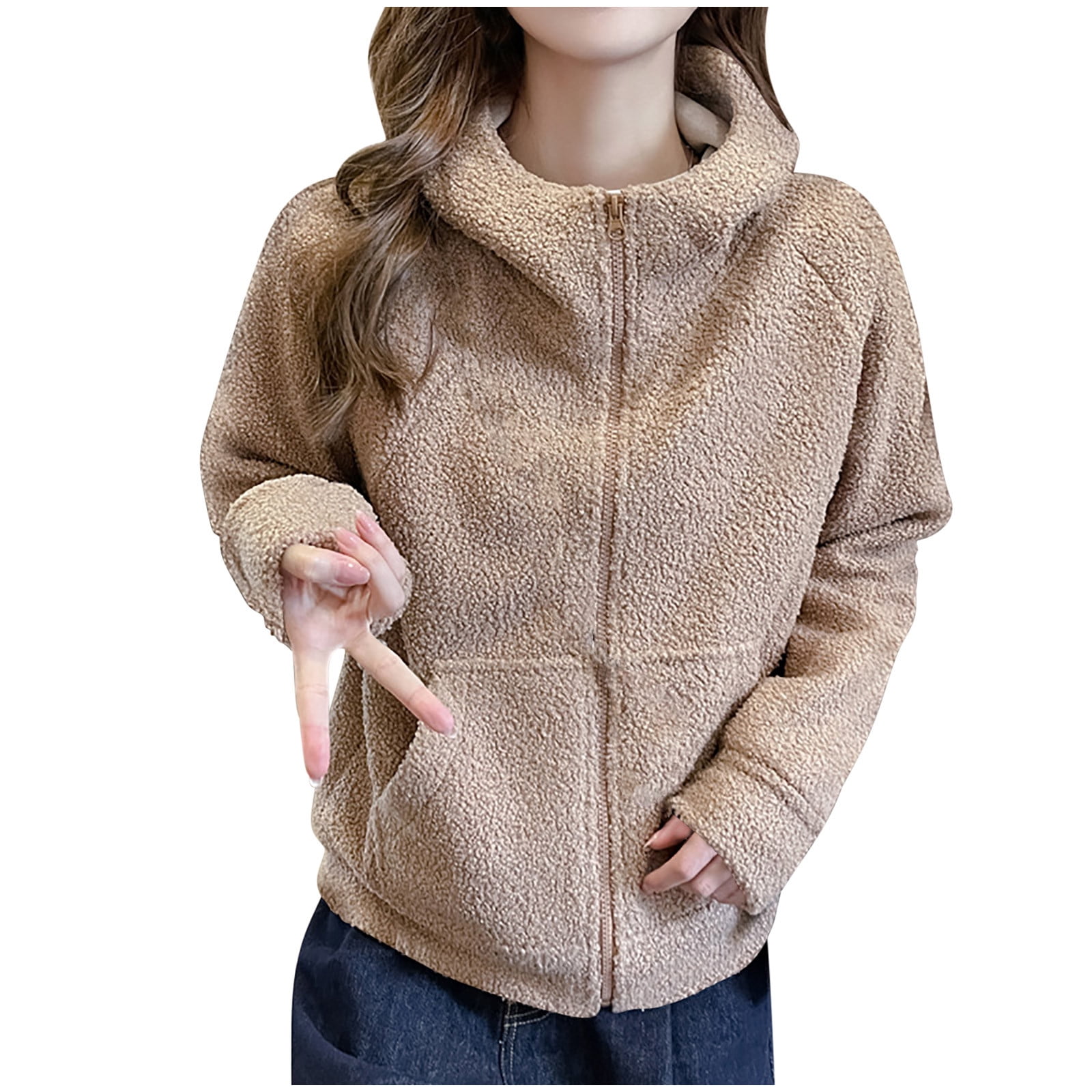 Khaki Jackets for Ladies Winter Fall Long Sleeve Casual Warm Fuzzy with ...