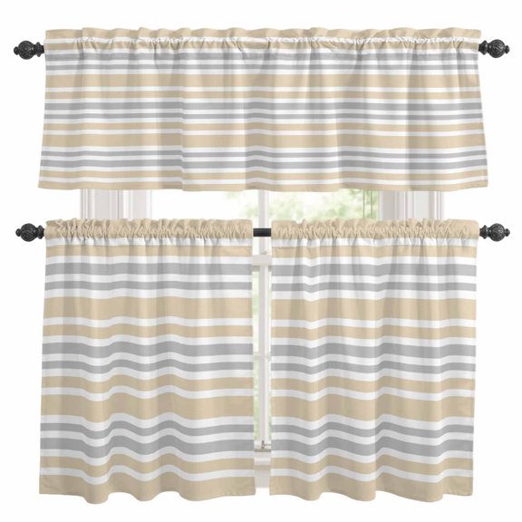 Khaki and Kitchen Curtains Valances and Tiers Set of 3 Gray Stripe Contrast Minimalist Modern Art Tier Curtains and Valance with Rod Pocket for Small Windows, 27.5"x24"