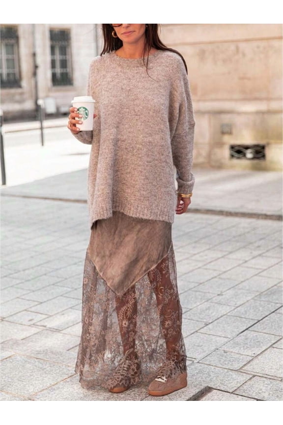 Khaki Lace Panel Maxi Skirt Sheer Floral Embroidered Asymmetrical A-Line