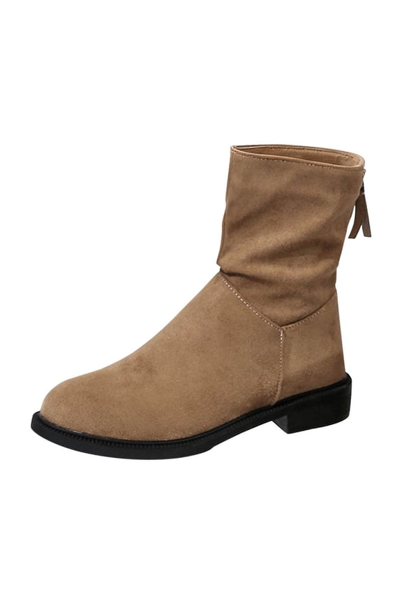 Khaki Ladies Ankle Boots Suede Back Zipper Mid Heel Round Toe Winter Casual Plus Size Solid