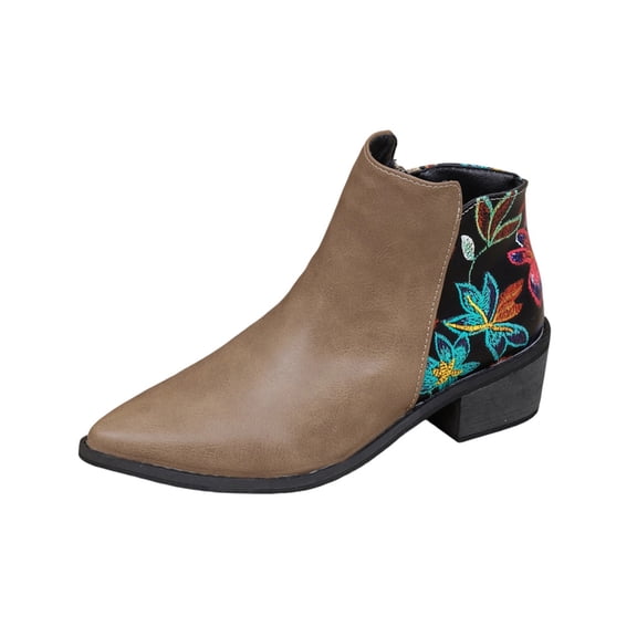 Khaki Ladies Casual Boots Featuring Pointed Toe Design And Printed Side Zipper Closure Low Heel For All-Day Comfort And Style