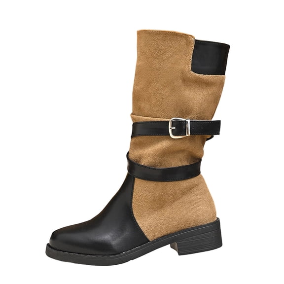 Khaki Ladies Everyday And Casual Versatile British Style Round Toe British Style Belt Buckle Middle Tube Color Blocked Belt Sleeve Boots Perfect For Outdoor Adventures