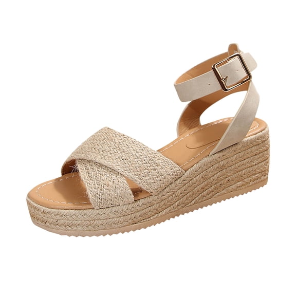 Khaki Ladies Fashion Woven Fish Mouth Wedge Sandals For Spring Summer Casual Outdoor Comfort Footwear With Thick Sole Design And Adjustable Straps For Secure Fit