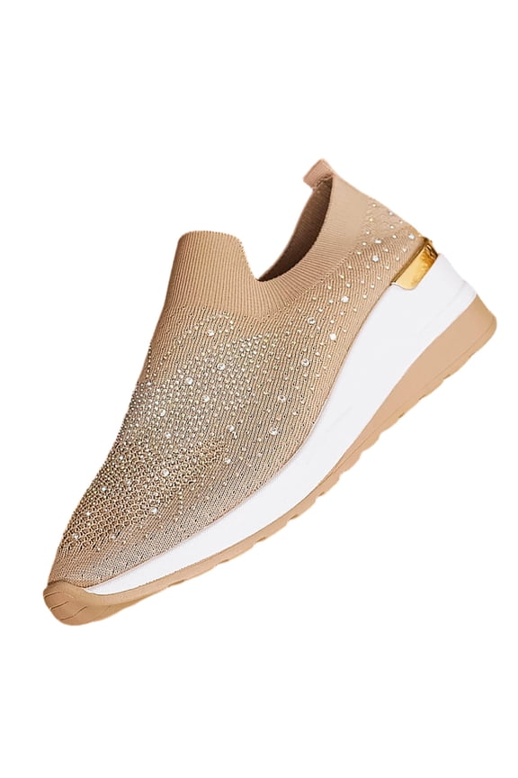 Khaki Ladies Fashionable Breathable Diamond Studded Fly Woven Shoe, Wedge Heel Casual Oversized