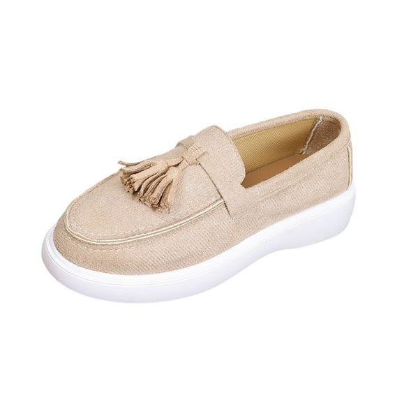 Khaki Ladies Fashionable Loafers With Tassel Round Toe Design One-Foot Flat Shoes For Everyday