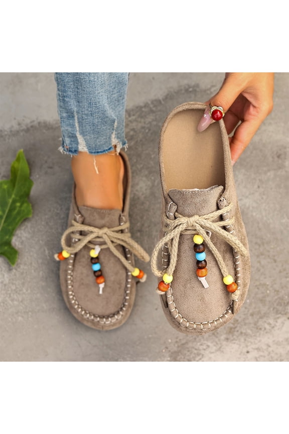 Khaki Ladies Flat Shoes Beaded Laced Soft Flock Moccasin Stitching Ethnic Inspired Slip On Versatile Casual Light Daily Wear Size 39