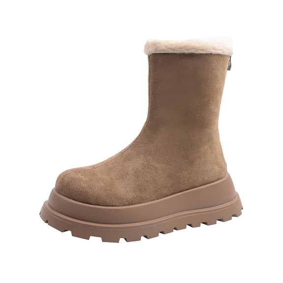 Khaki Ladies Insulated Snow Boots Circular Toe Zipper Back Style Thick Sole Flat Design Cozy For Winter Activities Supportive For Daily Errands