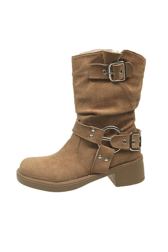 Khaki Ladies Low Heel Ankle Boots Belt Buckle Square Toe Sleeve Solid Winter Chunky Style