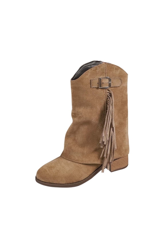 Khaki Ladies Low Heel Round Toe Tassel Booties Suede Ankle Boots Casual Winter Comfortable Solid