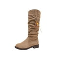 thumbnail image 1 of Khaki Ladies Pleated Knee-High Boots Round Toe Sleeve Chunky Low Heel Flock Lined, 1 of 9