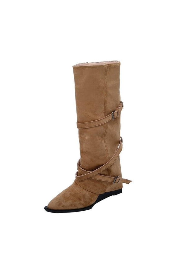 Khaki Ladies Stylish Long Boots With Pointed Toe And Low Heel For Casual Wear