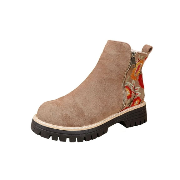 Khaki Ladies Warm Short Boots With Side Zipper And Low Heel For Outdoor Indoor Comfort