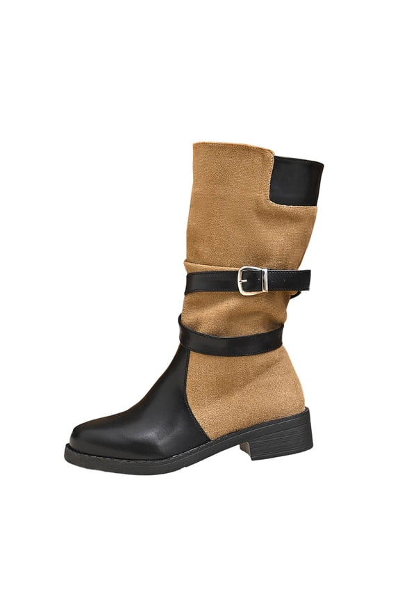 Khaki Ladies Winter Boots Round Toe Belt Buckle Mid Calf Color Blocked Cross Strap Sleeve Fashionable Bootie