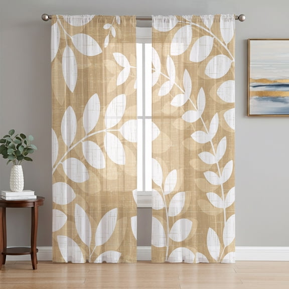 Khaki Leaves Semi Sheer Curtains 96 Inch Length 2 Panels Set,Farmhouse Botanical Branch Vintage Boho Modern Sheer Kitchen Curtain Privacy Voile Window Curtain for Living Room Bedroom Curtains