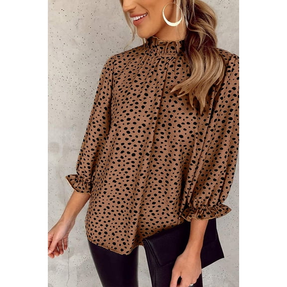 Khaki Leopard 3/4 Ruffle Sleeve Frill Neck Blouse