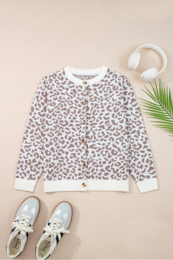 Khaki Leopard Drop Shoulder Chunky Knitted Cardigan Sweater