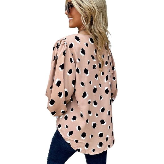 Khaki Leopard Print V Neck Blouse with Bracelet Sleeves for Women | [ZhiHiMeRi] | (US 8-10)M