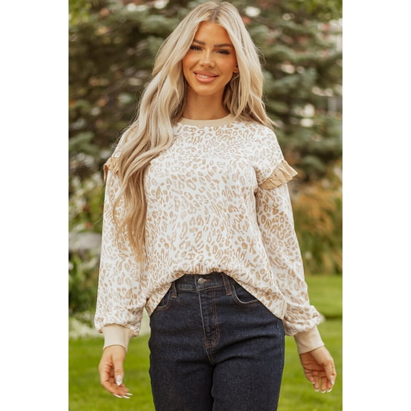 Khaki Leopard Ruffle Detail Ribbed Trim Round Neck Sweatshirt