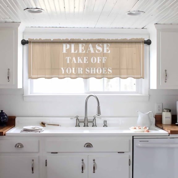 Khaki Letter Valance Curtains for Kitchen/Living Room/Bathroom/Bedroom Window, Modern Minimalist White Text Striped Rod Pocket Small Topper Half Short Window Curtains Voile Sheer Scarf 60"x18"