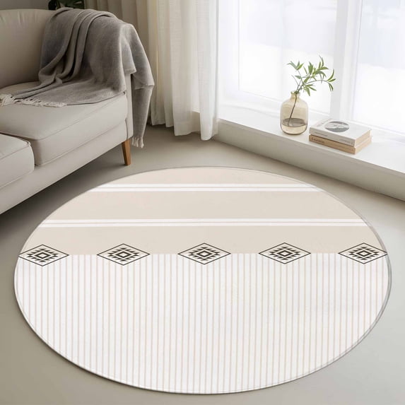 Khaki Linear Round Rug 3.3Ft Minimalist Boho Cream Beige Stripes Farmhouse Samll Area Rugs Washable Non Slip Indoor Floor Mats Circle Carpet for Living Room Bedroom Dining Room Home Decor