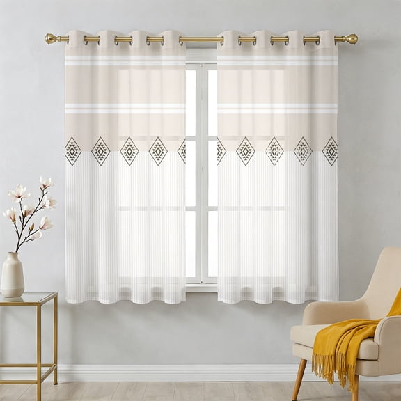 Khaki Linear Sheer Curtains 45 Inch Long 2 Panels, Minimalist Boho Cream Beige Stripes Farmhouse Light Filtering Semi Sheer Drapes Grommet Voile Window Curtain for Living Bedroom W42 x L45