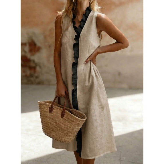 Khaki Linen Blend Sleeveless Midi Dress With Ruffle Detail And Open Front