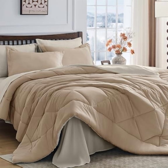 Khaki & Linen California King Comforter Set - 7-Piece All Season Bed in a Bag Cal King, Ultra Soft Bedding Set with Comforter, Flat Sheet, Fitted Sheet, Pillowcases, Pillow Shams