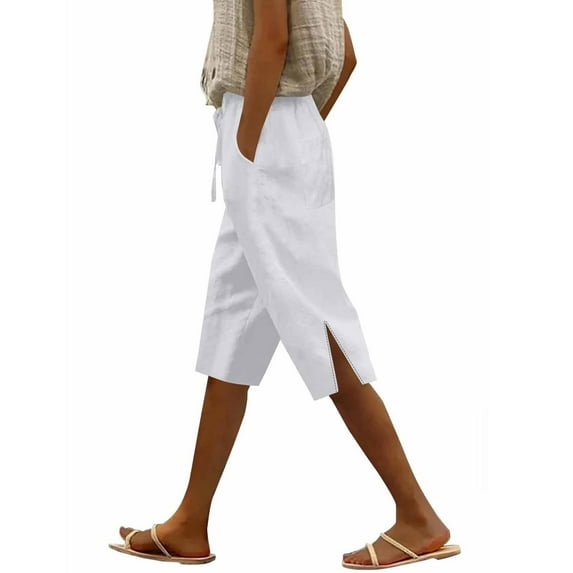 Khaki Linen Capri Pants for Women Dressy Casual Bermuda Shorts Knee Length Elastic Waist Lightweight Shorts Trendy Summer Pedal Pushers with Pockets