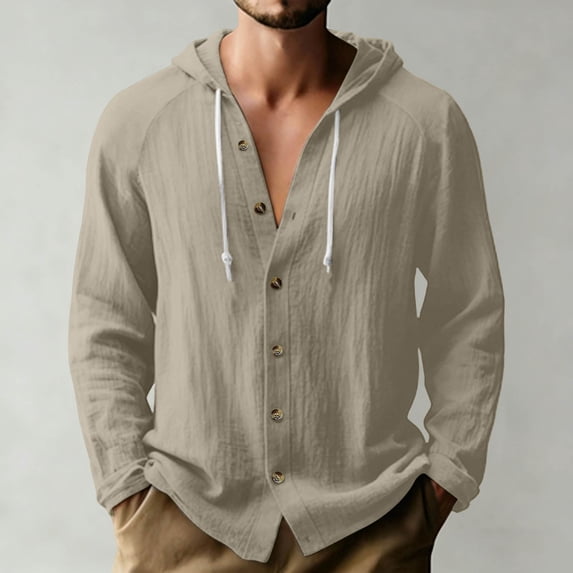 Khaki Linen Hoodie Men Long Sleeve Button Down Summer Shirts Casual Solid Color Lightweight Hooded Cardigan Beach vacation clothings L