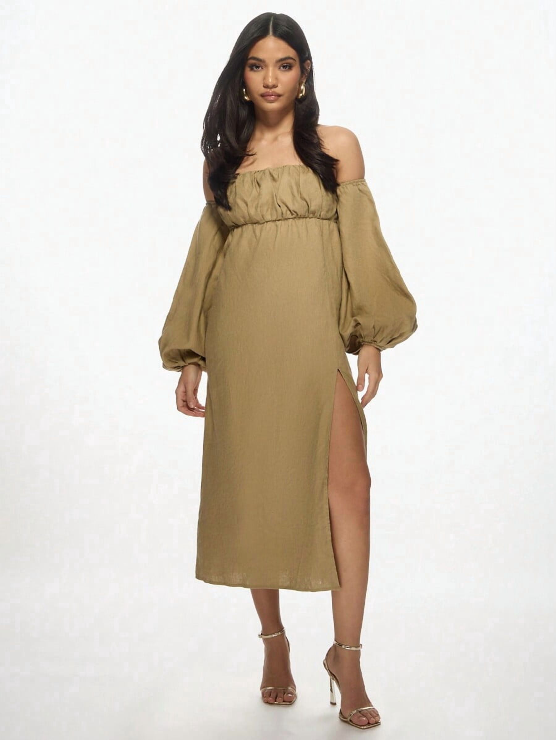 high waist empire dress Khaki Linen Off-Shoulder Puff Sleeve Midi With Side Split Maxi dress Color:Fruit Slices edc outfit Taupe Plisse Flared Sleeve with measurements of 76