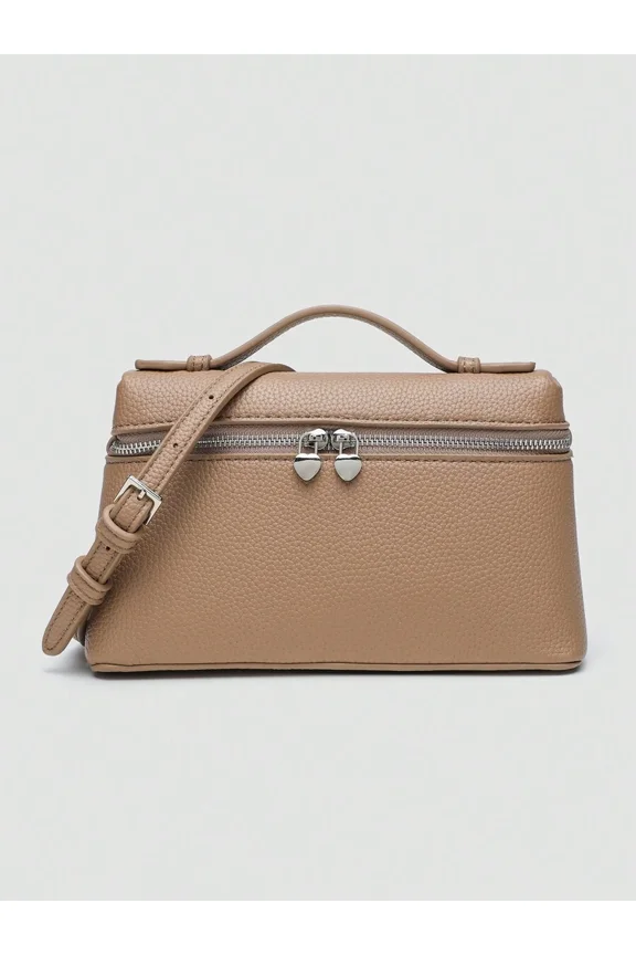 Khaki Litchi Texture PU Square Crossbody Bag With Top Handle And Heart