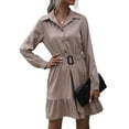 thumbnail image 1 of Khaki Long-Sleeve Shirtdress with Ruffles - Perfect Mini Dress for Office Wear - Size L Lapels & Tie Waist Detail, 1 of 6