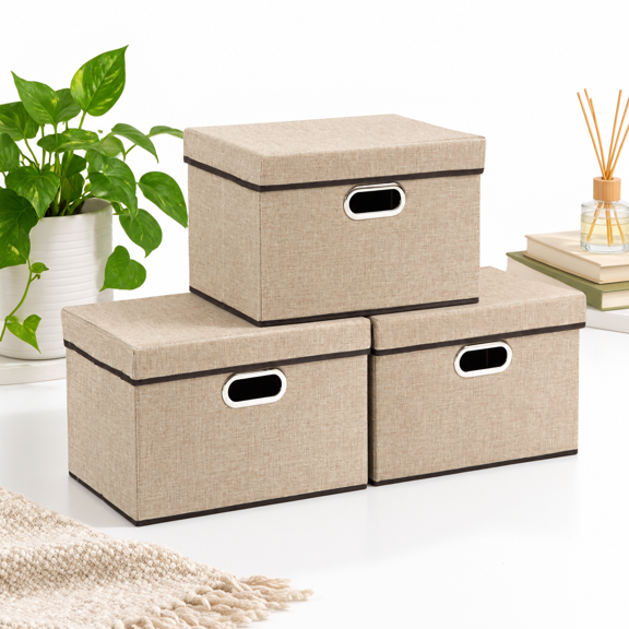 Khaki M(3-Pack) Jute Fabric Foldable Storage Chest Boxes with Lids