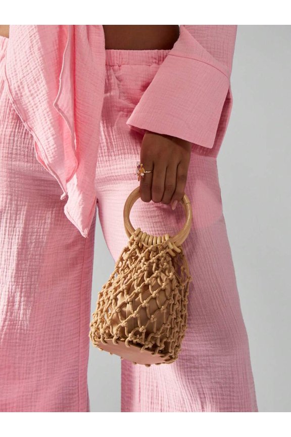 Khaki Macrame Net Mini Bucket Bag With Bamboo Ring Handle