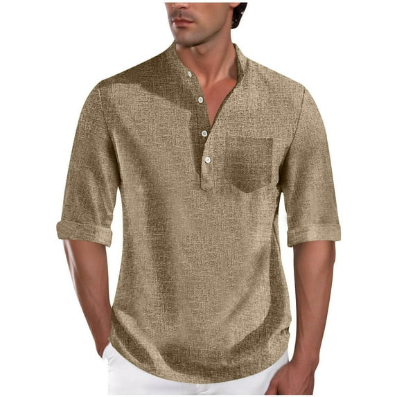 Khaki Man Collared Neck Faux Linen T Shirts Brunch Button Tops Tee for Man Long Short 3/4 Length Sleeve Cardigan Basic Winter Fall Shirts 2026 Clothes Regular Fit XXL