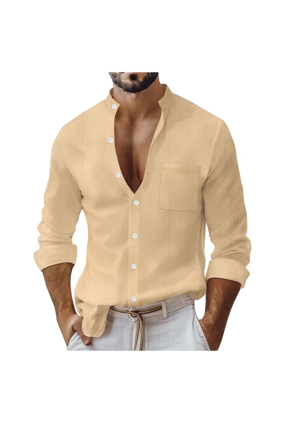 Khaki Man Tshirts Collared Neck Faux Linen Tops Tee for Man Long Sleeve Brunch Cardigan Basic Fall Summer Shirts Button 2026 Clothing Trendy M