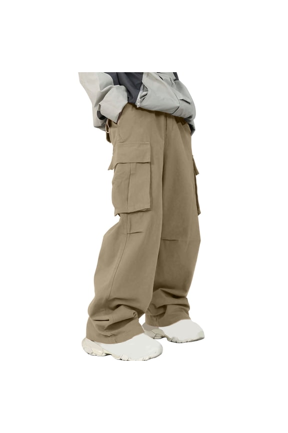 Khaki Man Wild Cargo Track Athletic Casual Running Pants for Man Ruched Paperbag Straight Leg Elastic Waist Basic Long Leg Fall Summer Pants 2026 Clothing Regular Fit S