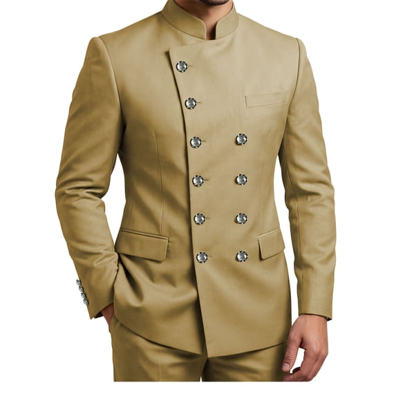 Khaki Mandarin Collar Men's Suits 2 Piece Sets Silver Buttons Double Breasted Blazer Pants Suit XL