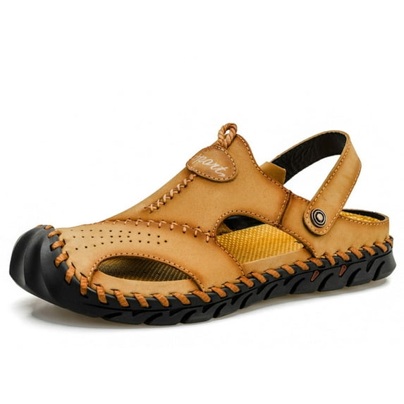Khaki Masculine Fashion Thick Sole Sandals For Beach And Outdoor Activities, Spring And Summer Breathable Leather Upper