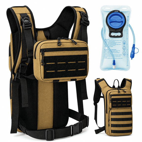 Khaki Medium Hydration Pack with 2L Water Bladder Front Pouch for Outdoor Sports Hiking Cycling Climbing