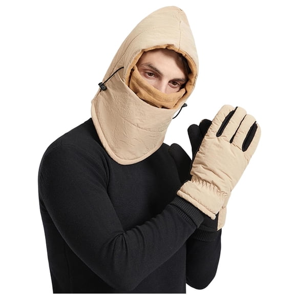 Khaki Mens And Womens Waterproof Thermal Hat Gloves Set Windproof Cold Weather Gear