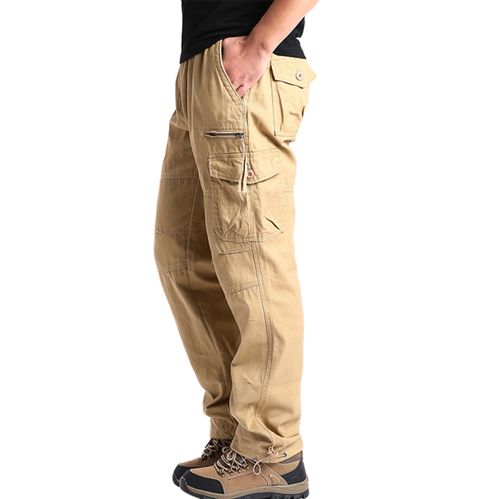 Khaki Mens Cargo Pants Mens Fashion Casual Multi Pocket Zipper Buckle Male  Cargo Pants Outdoor Pants Tooling Pants
