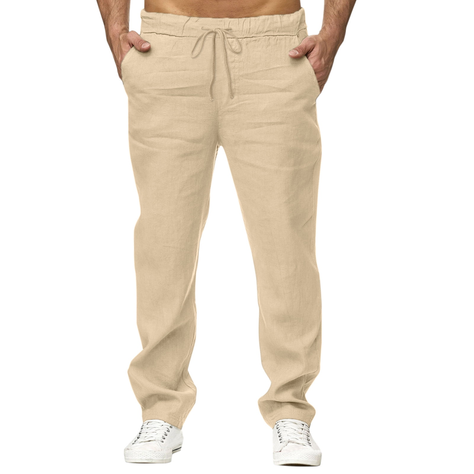 VSSSJ Men's Cotton Linen Pants Slim Fit Music Print Drawstring Elastic  Waist Straight Trousers with Pocket Casual Stretchy Breathable Long Pants  Khaki M 