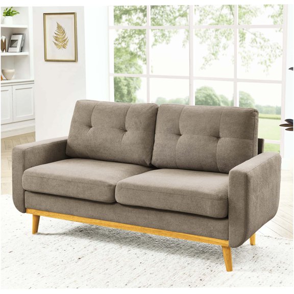Khaki Modern Tufted Loveseat Sofa with Wooden Legs for Living Room