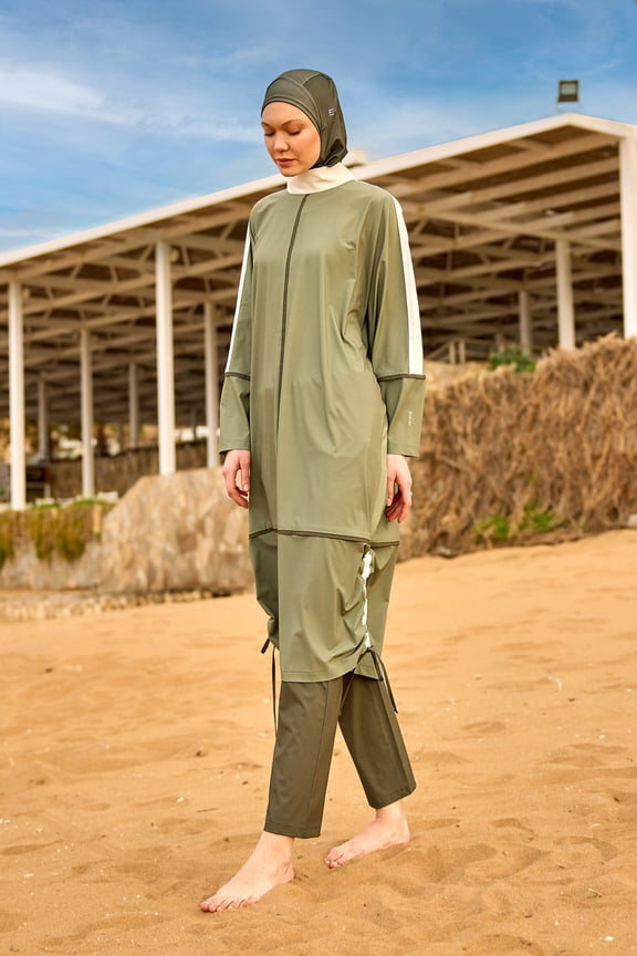 Marina Women's Khaki Modest Full Coverage Swimsuit Set - 4-Piece Islamic Burkini, Model M2521-1